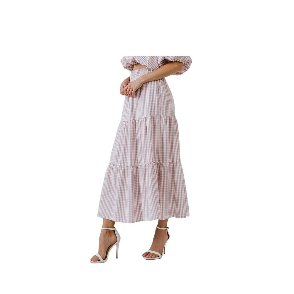 English Factory Check Print Tiered Maxi Skirt Gingham High-Waisted  Size M NWT